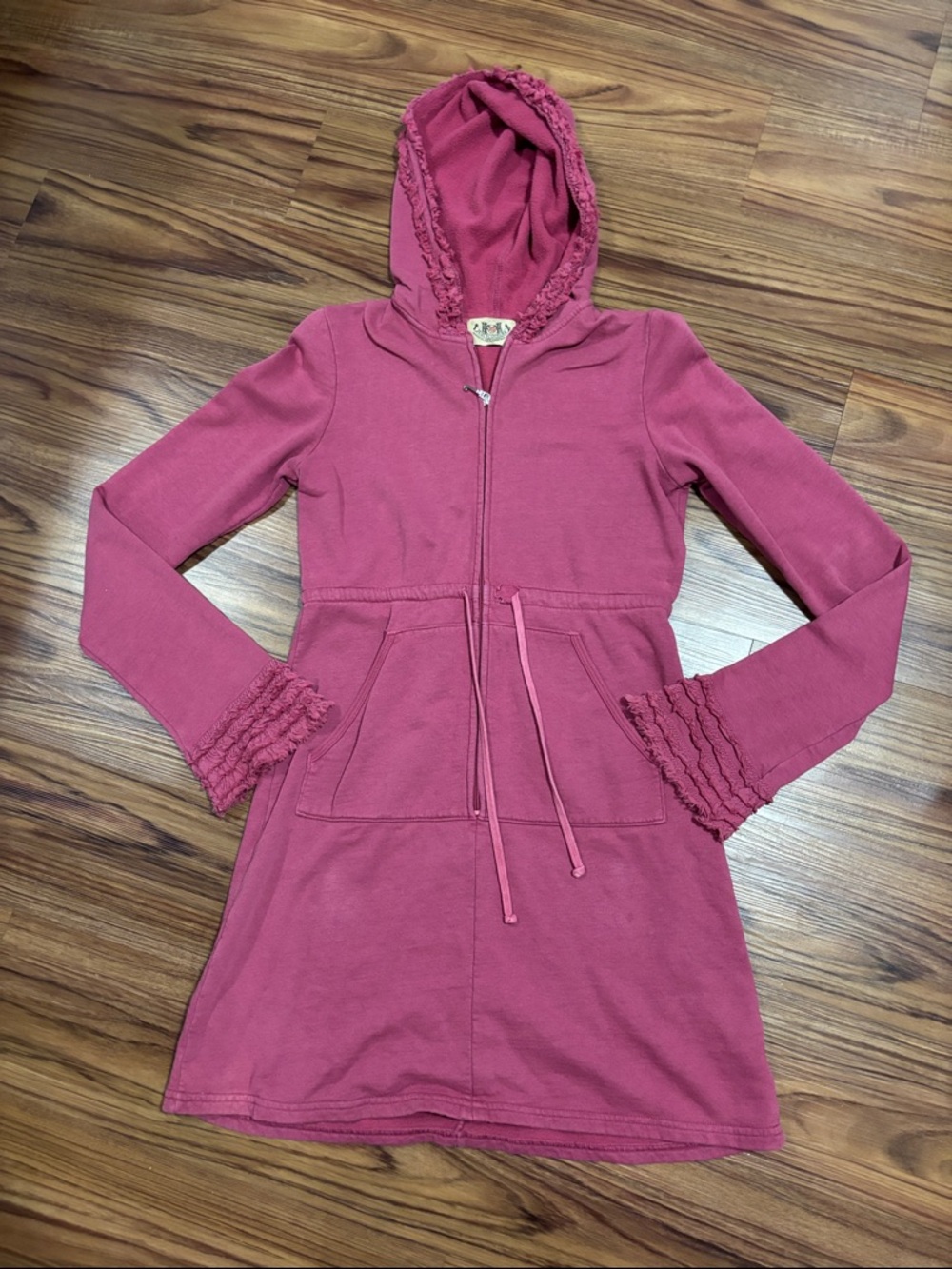 Y2K Juicy Couture Pink Ruffle-Trim Hooded Zip Dress